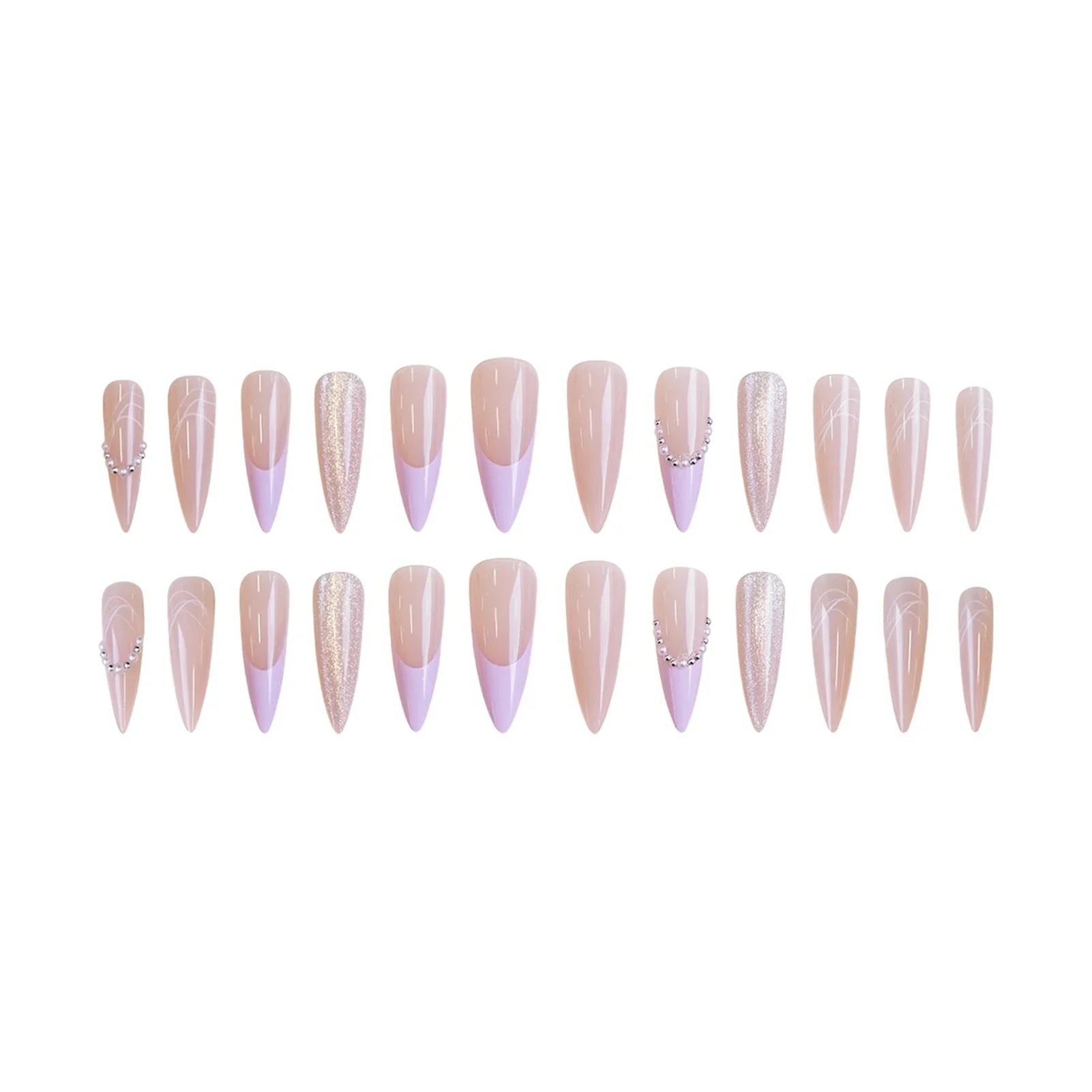 Long Stiletto Fake Nails 24Pcs Purple French Press On Nails Gentle Women Charm Manicure Glossy Cat's Eyes/Beads Decor Nails Art