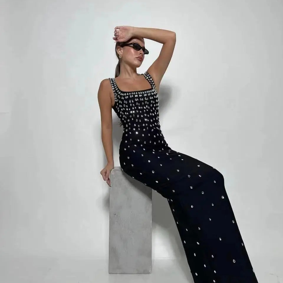 Vestido longo feminino, preto, azul-celeste, sem mangas, sexy, gola redonda, brilhante, com cristais, colado, bandagem, roupa para festa e boate