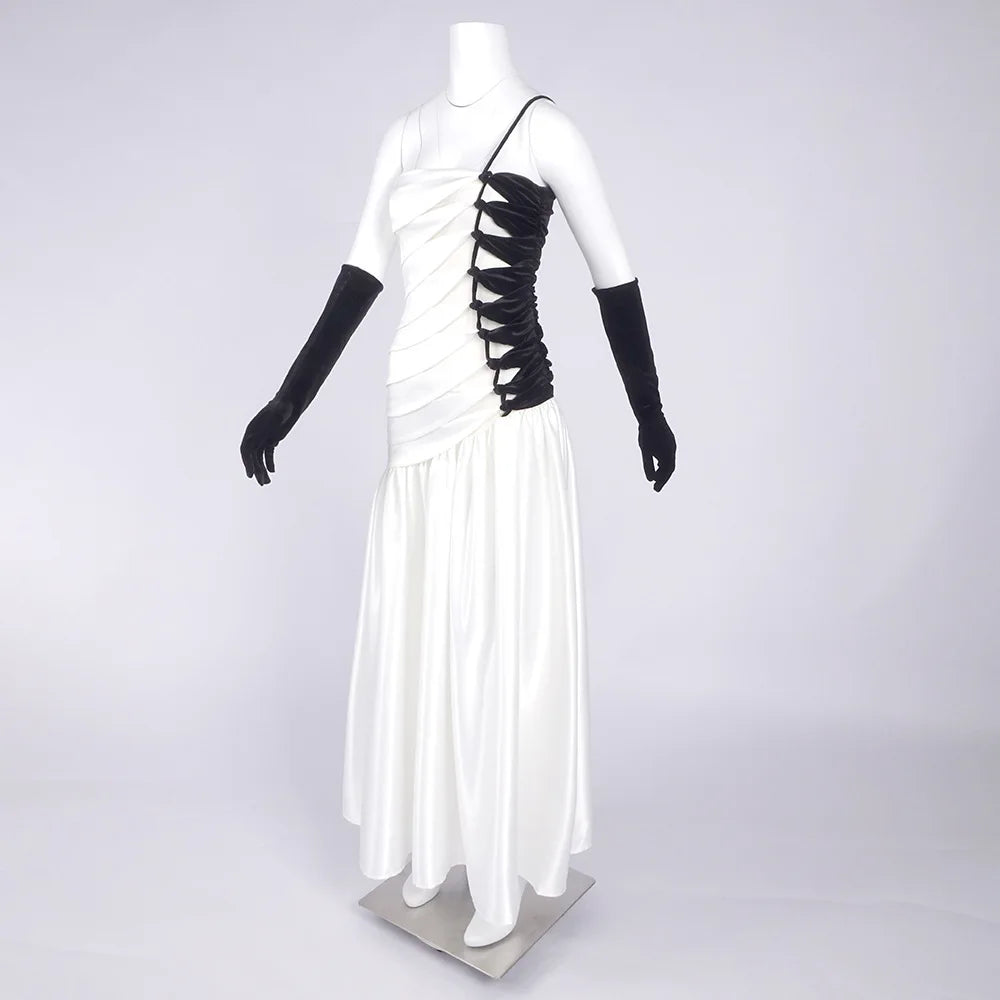 TWOTWINSTYLE Hit Color Sheer Spliced Ruffles Elegant Dresses for Women Strapless Sleeveless Patchwork Folds Dress Female Fashion