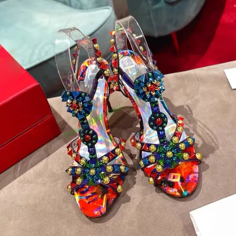 Color Round Toe Open Toe Cross Strap Rivet Sandals Women's Leather Stiletto T-strap High-Heeled Shoes