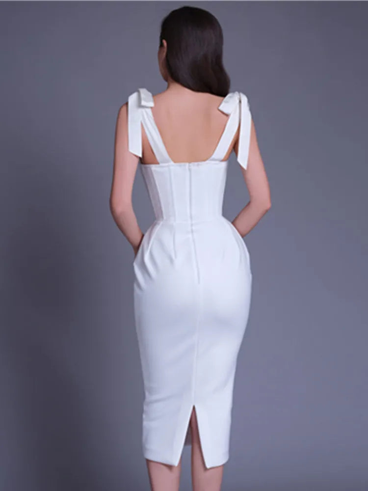 Chic Women Summer Sexy Backless Split White Beige Midi Bodycon Bandage Dress 2023 Elegant Evening Party Dress Vestido
