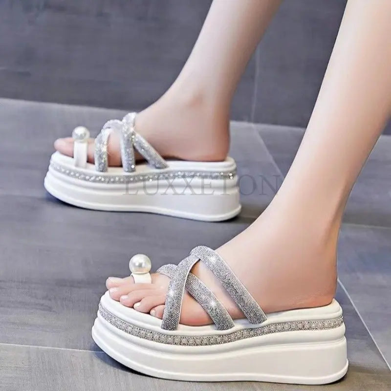 Trend Women Mid Heels Shoes Platform Open Toe Slippers Summer Fad Sandals Dress Beach Flip Flops Women Crystal Slides