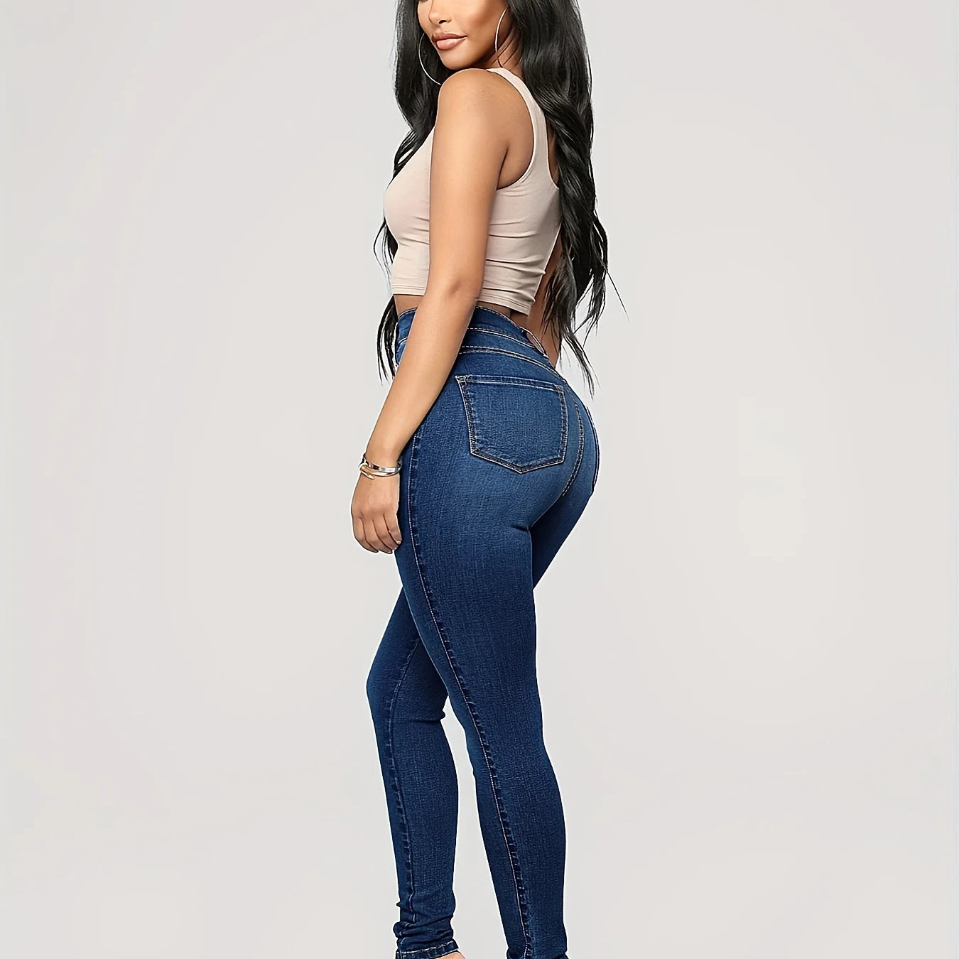 Plain High Waist Skinny Jeans, High Rise Slim Fit Slash Pockets Casual Denim Pants, Women's Denim Jeans & Clothing