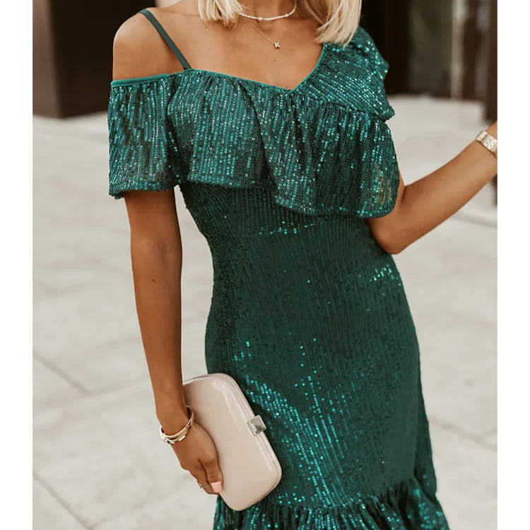 Plus Size Women's Slim Fit Green Off Shoulder Sequin Dress Ruffle Irregular Hem Dresses Summer Sexy V Neck Party Dress Vestidos