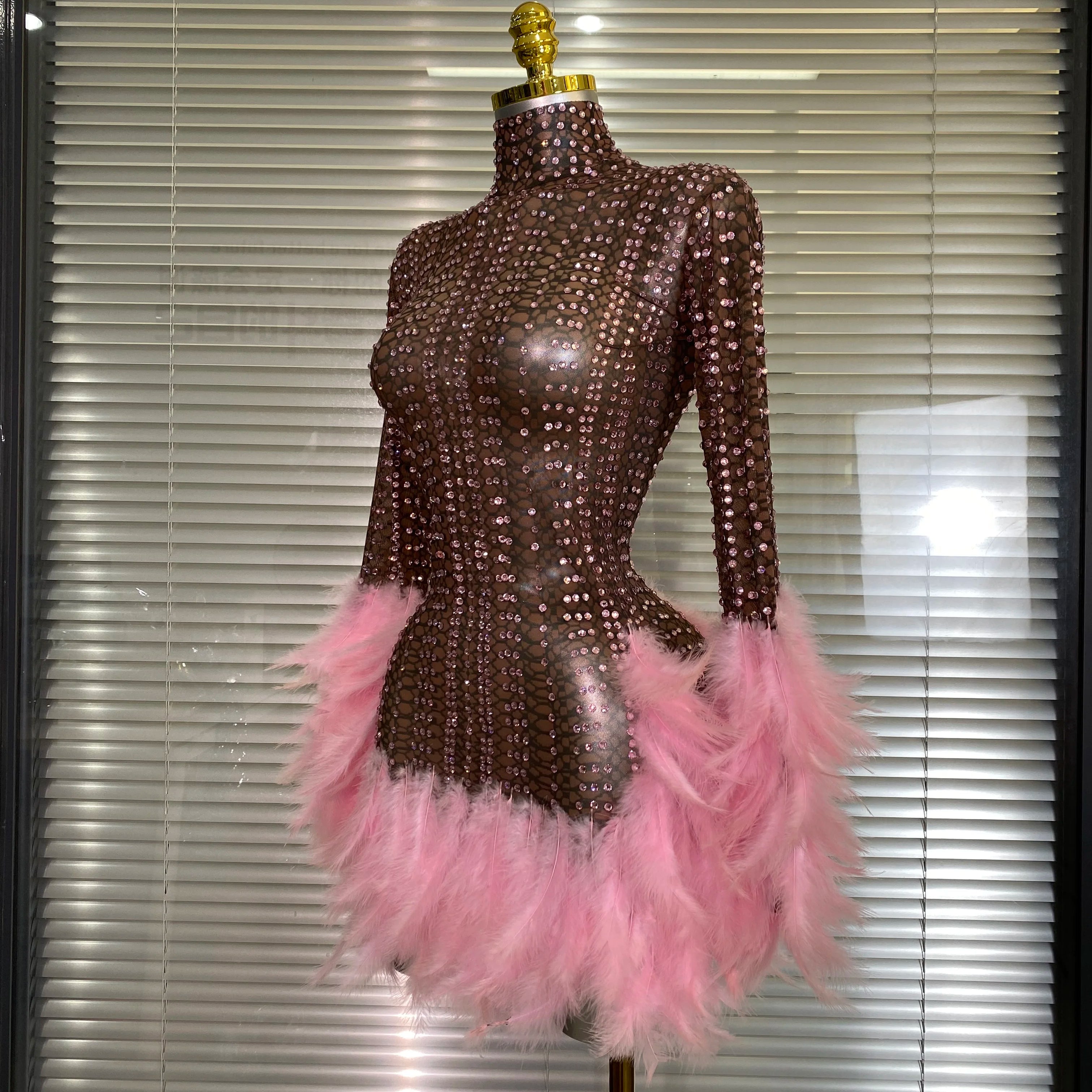 New Women Sexy Transparent Stretched Mesh Feathers Stage Performance Costume Stage Dancer Singer Mini Night Club Party Dress