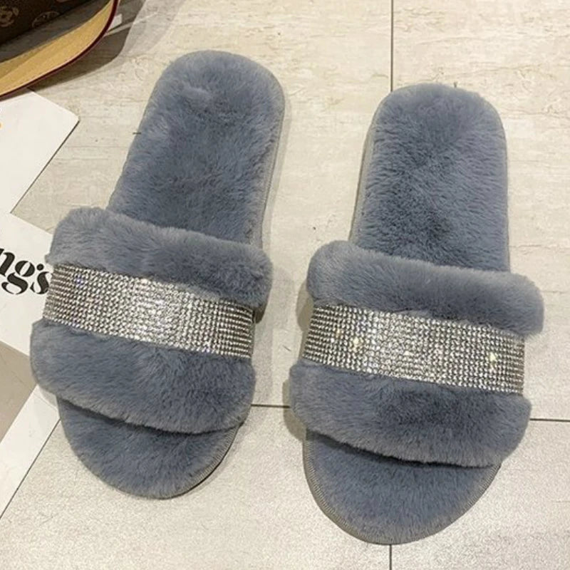 Winter Luxury Rhinestone Women Warm Fur Slippers Cozy Fluffy Furry Slides Crystal Flat Indoor Design Home Shoes Ladies 43 GRAY