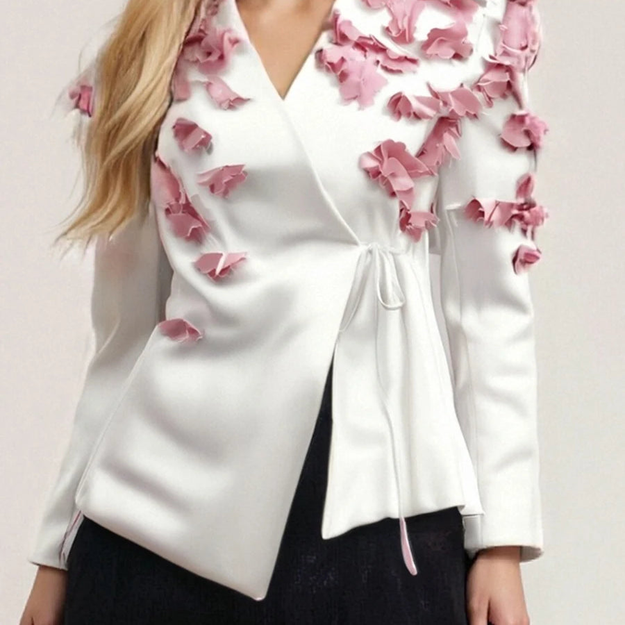 TWOTWINSTYLE Spliced Petal Two Piece Sets for Women V Neck Long Sleeve Patchwork Lace Up Top High Wasit Skirt Elegant Set Female