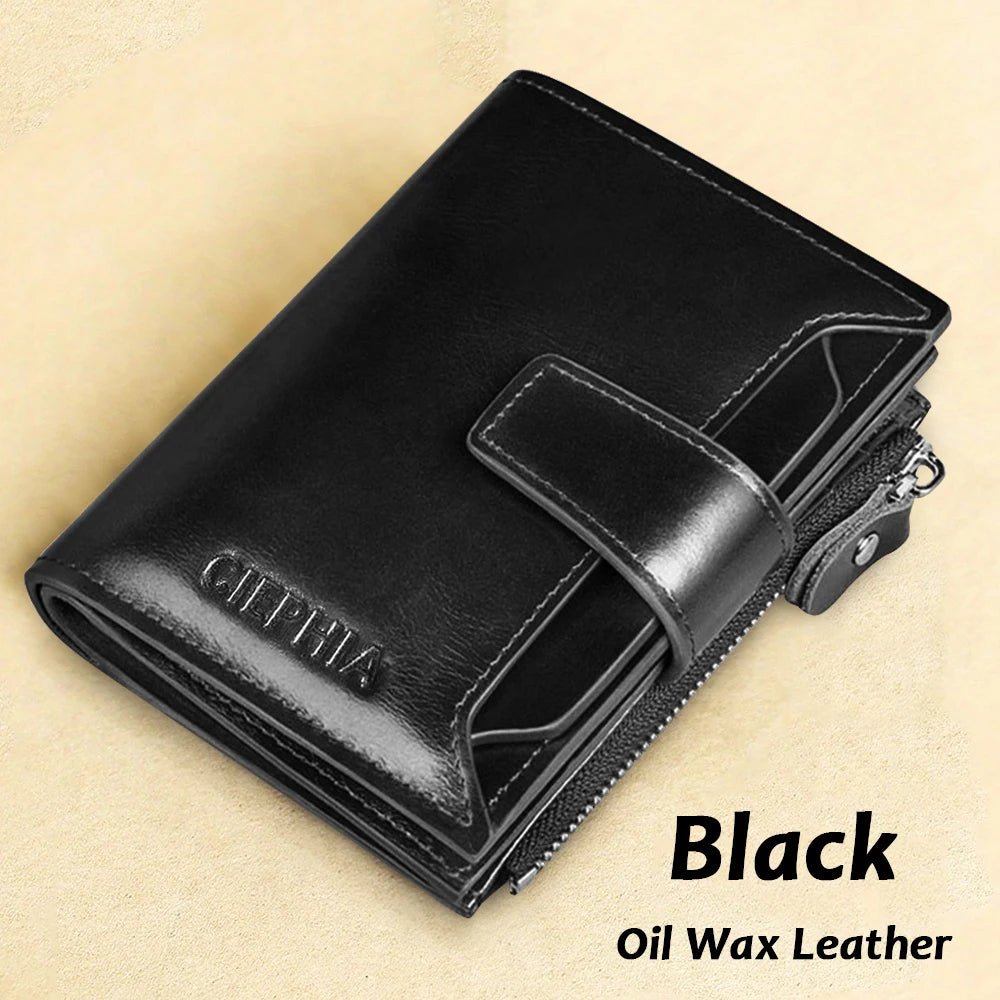 Men's Leather Wallet Vintage Short Multi Function Business Card Holder RFID Blocking Zipper Coin Pocket Money Clip Black Oil Leather