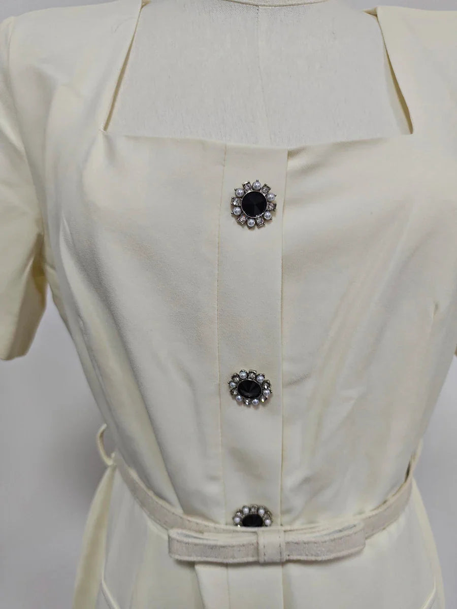 Solid Slimming Spliced Single Breasted Elegant Dresses for Women Square Neck Short Sleeves Split Dress Female New