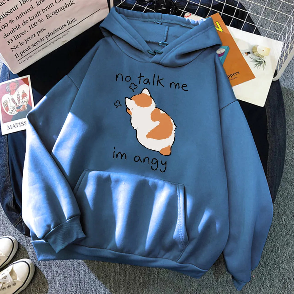 No Talk Me Cute Angry Cat Print Women Hoody Hip Hop Soft Sweatshirt Casual Fleece Sweatshirt Oversize Fleece Women Streetwear Haze Blue