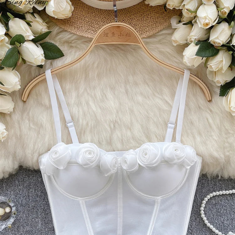 SINGREINY Female Rose 3D Flower Sexy Camisole Sleeveless Strapless Short Tank Tops Women Sheath Corset Streetwear Camis white