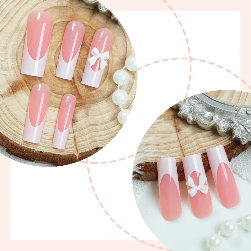 Simple White French Fake Nails 24Pcs Nude Color Press On Nails with 3D Bowknot Designers Women Girls Daily Charm Manicure