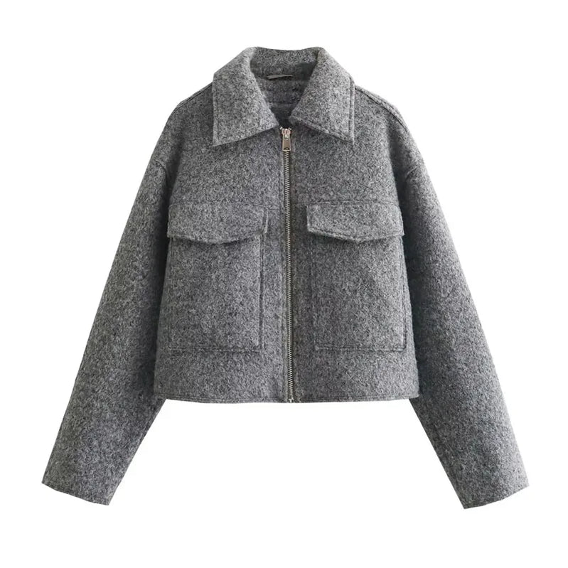 Autumn Winter Cropped Jacket for Women Short Coat Tweed Jacket Zip Crop Demi-season Jacket Woman New in outerwears GRAY