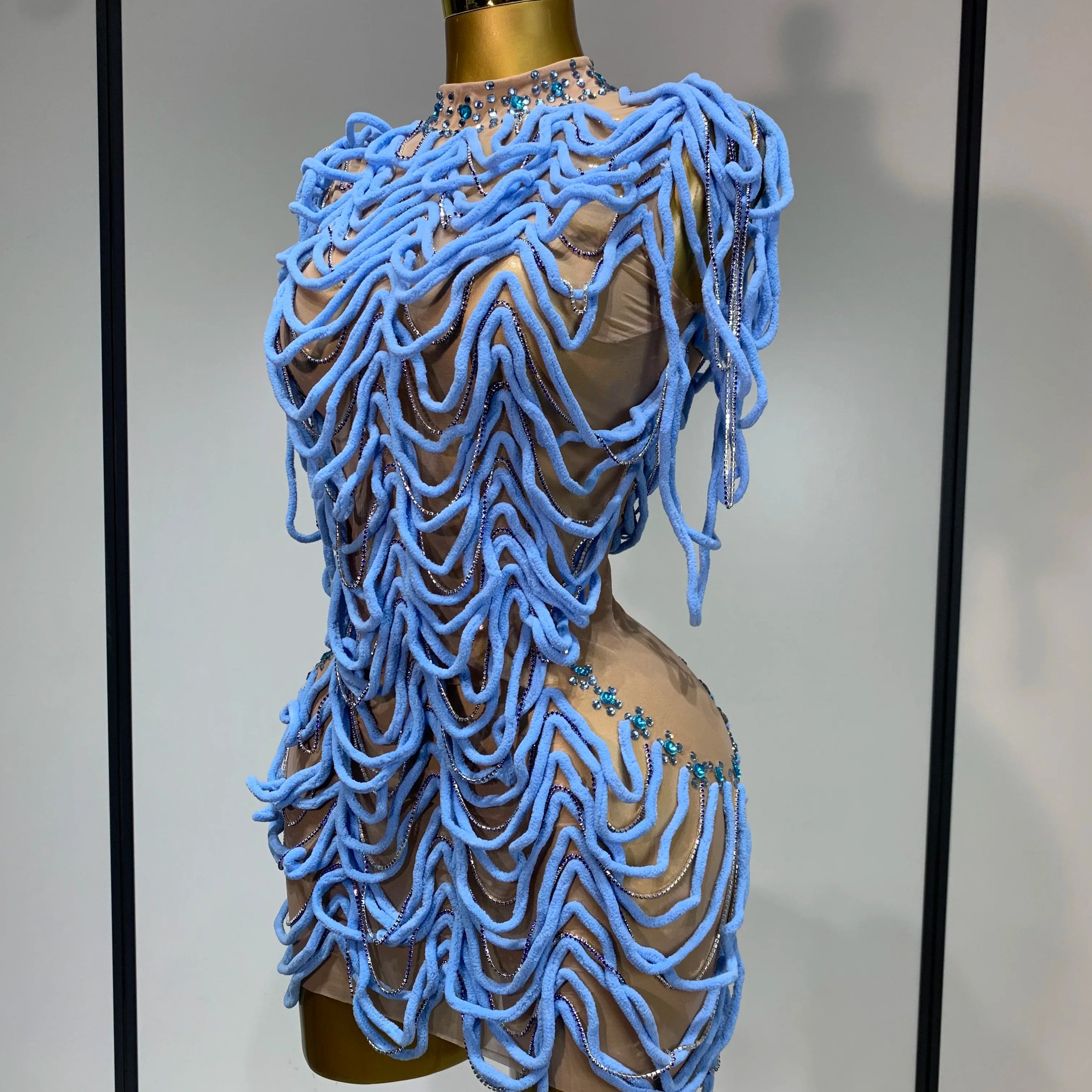 Women Sexy Mesh See Through Sparkly Rhinestones Chain Stage Costume Nightclub Celebrate Evening Party Performance Outfit