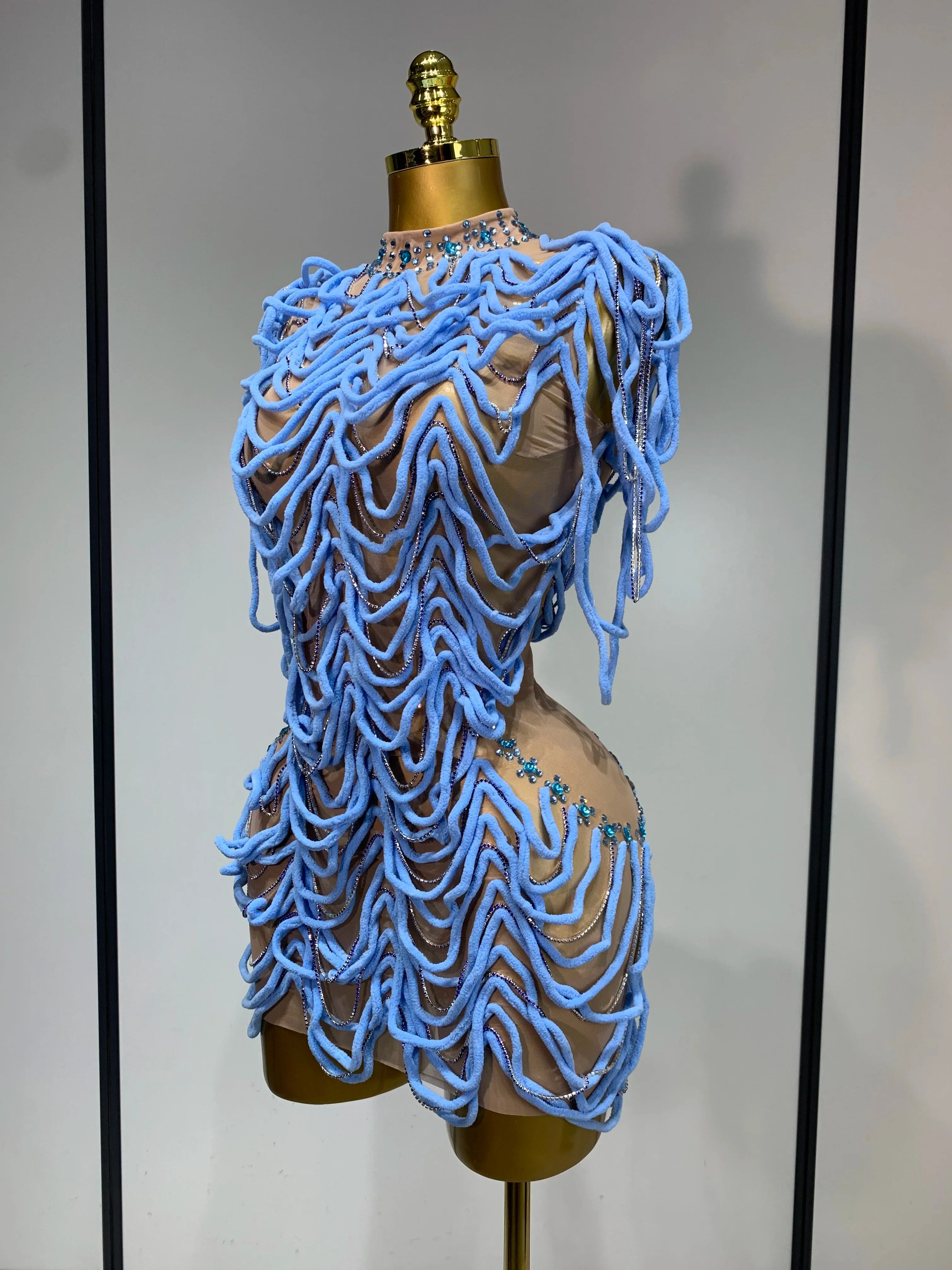 Women Sexy Mesh See Through Sparkly Rhinestones Chain Stage Costume Nightclub Celebrate Evening Party Performance Outfit