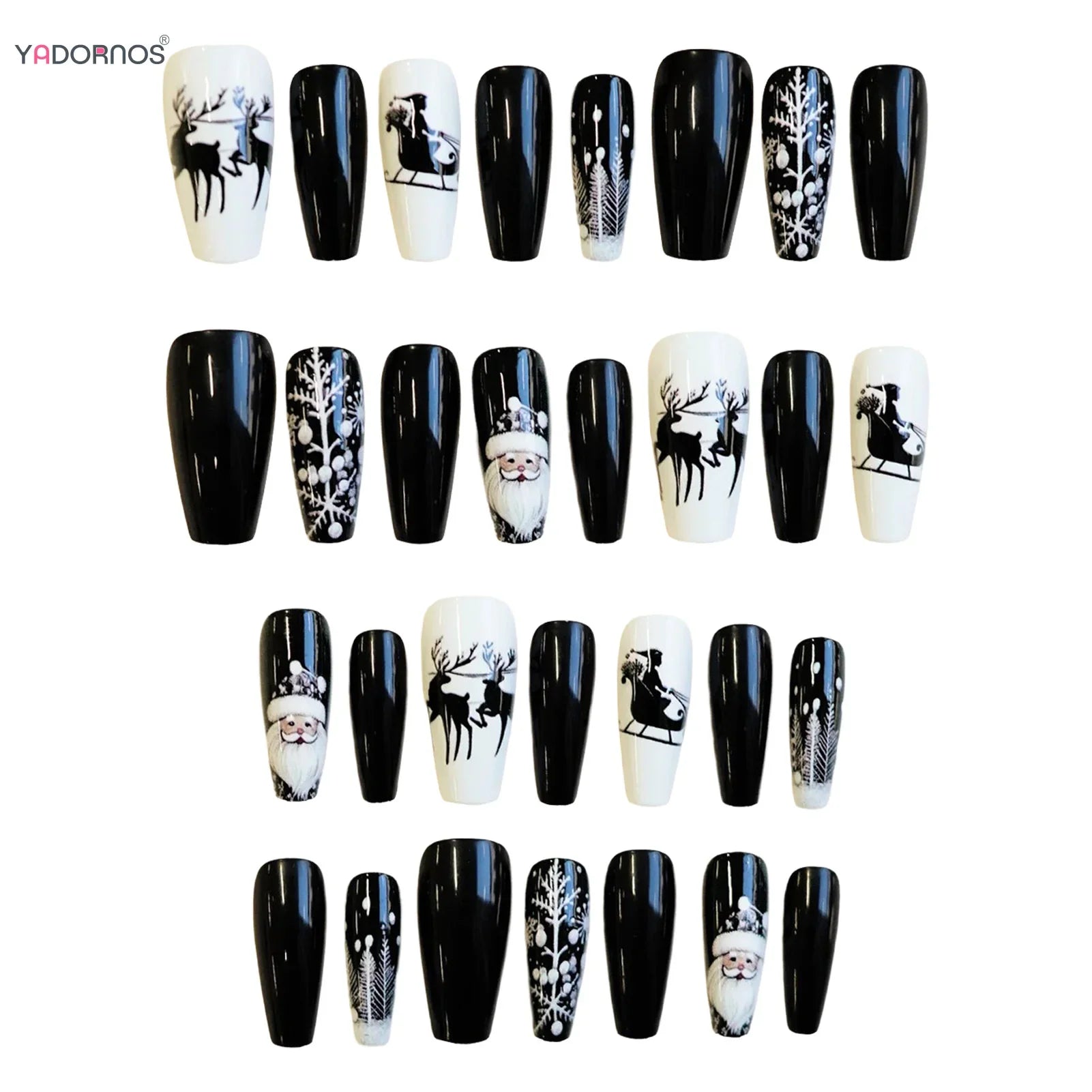 24Pcs Black/White False Nails Medium Length Coffin Christmas Nails Press On Full Cover Acrylic False Nails Santas/Deer Printed