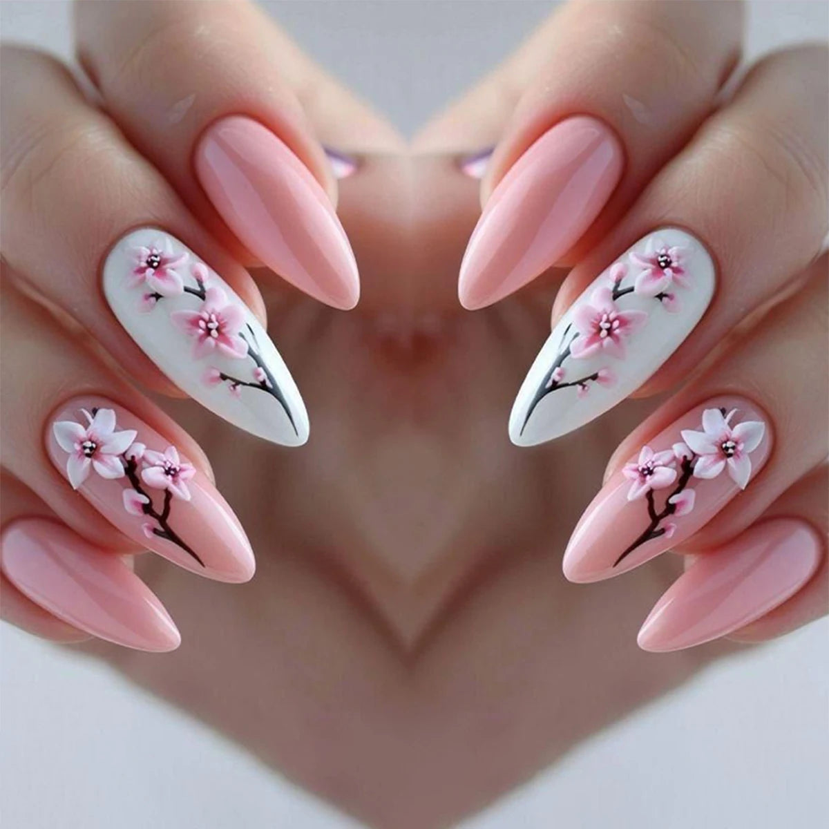 Upgrade your nail styling 24pcs medium length almond shape pink fresh floret wear nail manicure press nail piece & 1 rub strip &