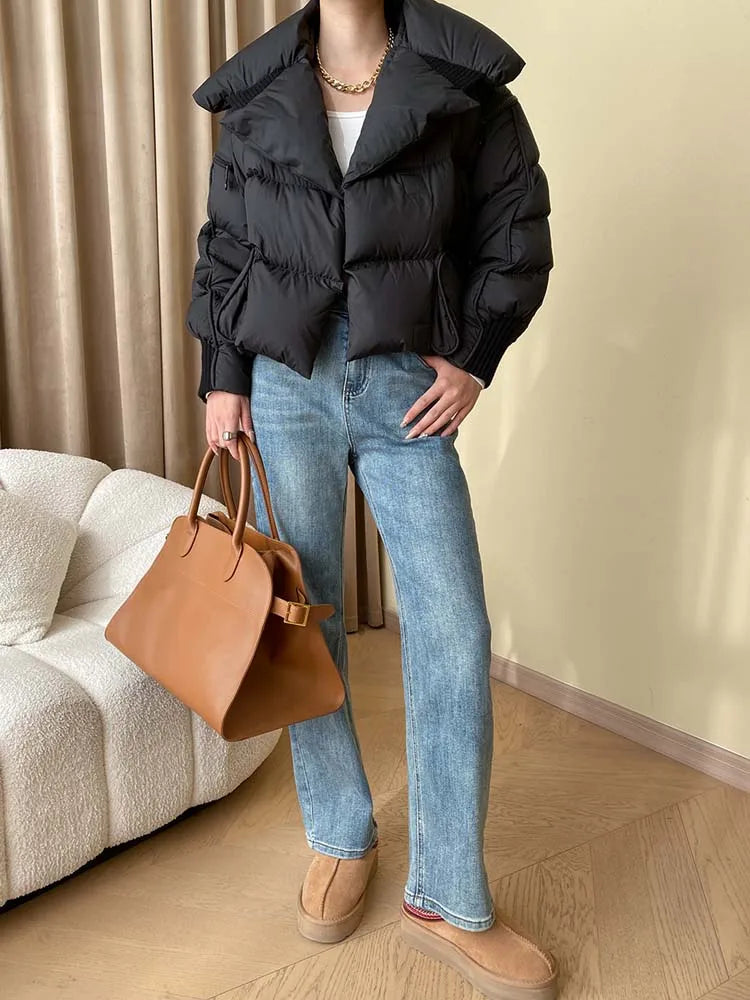 Luxury Design pockets zipper cropped down jacket for women Winter Warm Knit patchwork puffer coat Oversize INKEO DJ054