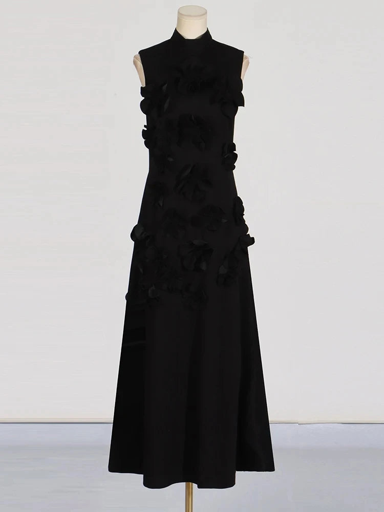 TWOTWINSTYLE Patchwork Lace Up A Line Dress For Women Stand Collar Sleeveless High Waist Spliced Appliques Slim Dresses Female