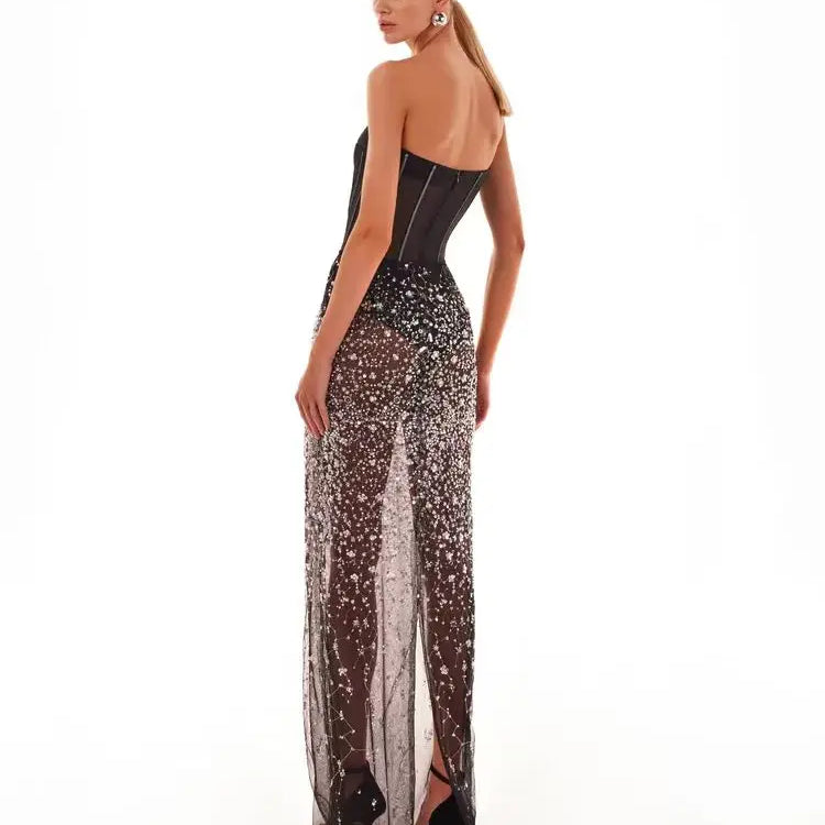 Fashion Black Color Women Sexy Strapless 2 Pieces Bodycon Long Dress Mesh Sequins Nightclub Party Celebrate Dress