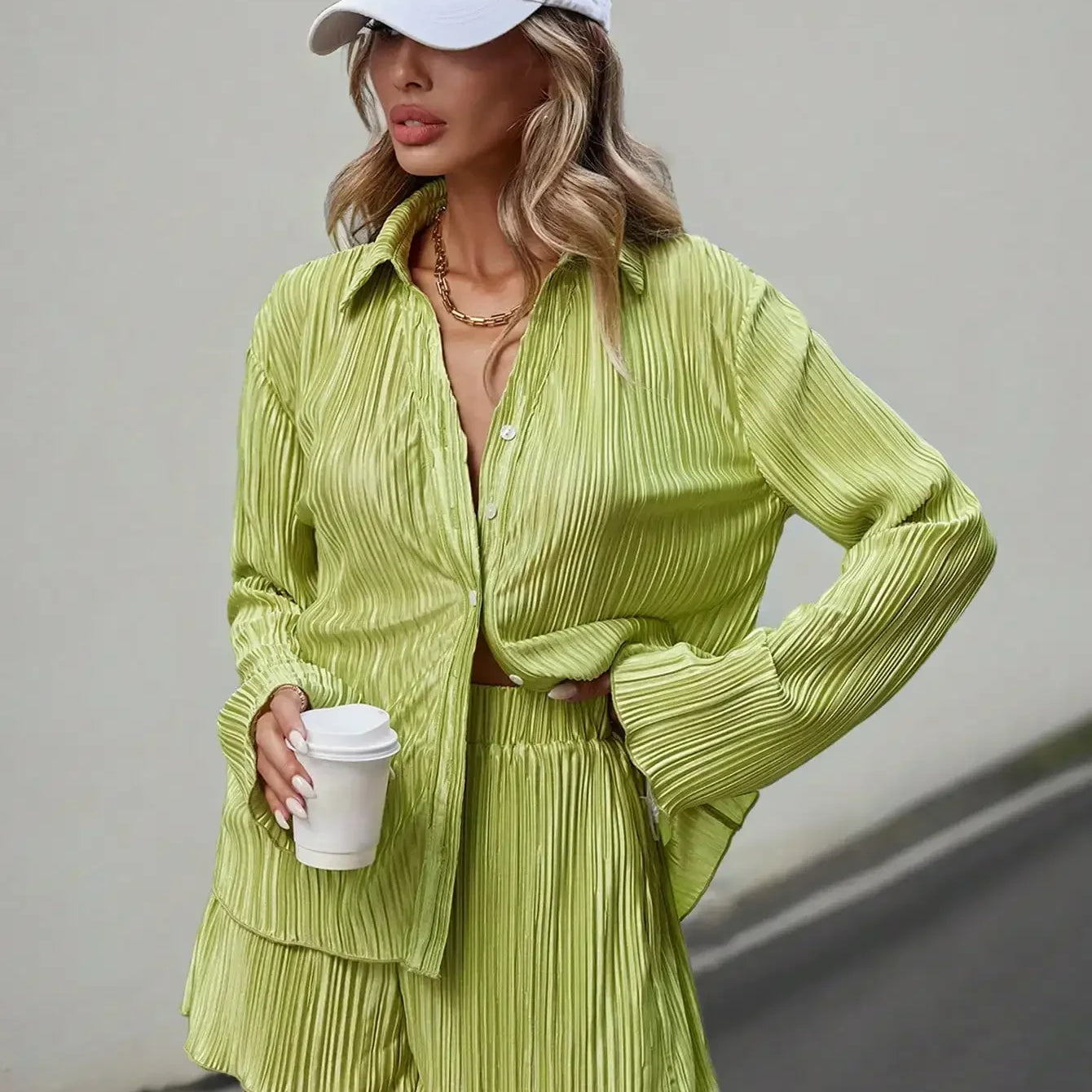 Causal Green Pleat Lapel Women Shorts Suits Fashion Long Sleeve Single Breasted Shirts 2 Piece Sets Female Summer Street Outfits Green