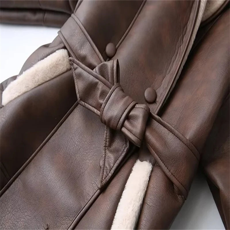 Two-color fur all-in-one coat for women in autumn and winter new fashionable and warm mid-length leather coat with belt