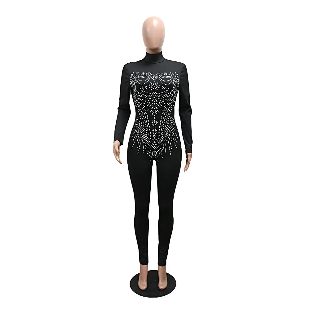 CM.YAYA Full Sleeve Women Turtleneck Jumpsuits Diamonds Hot Rhinestones Rompers One Piece Sexy Pencil Night Club Party Outfits