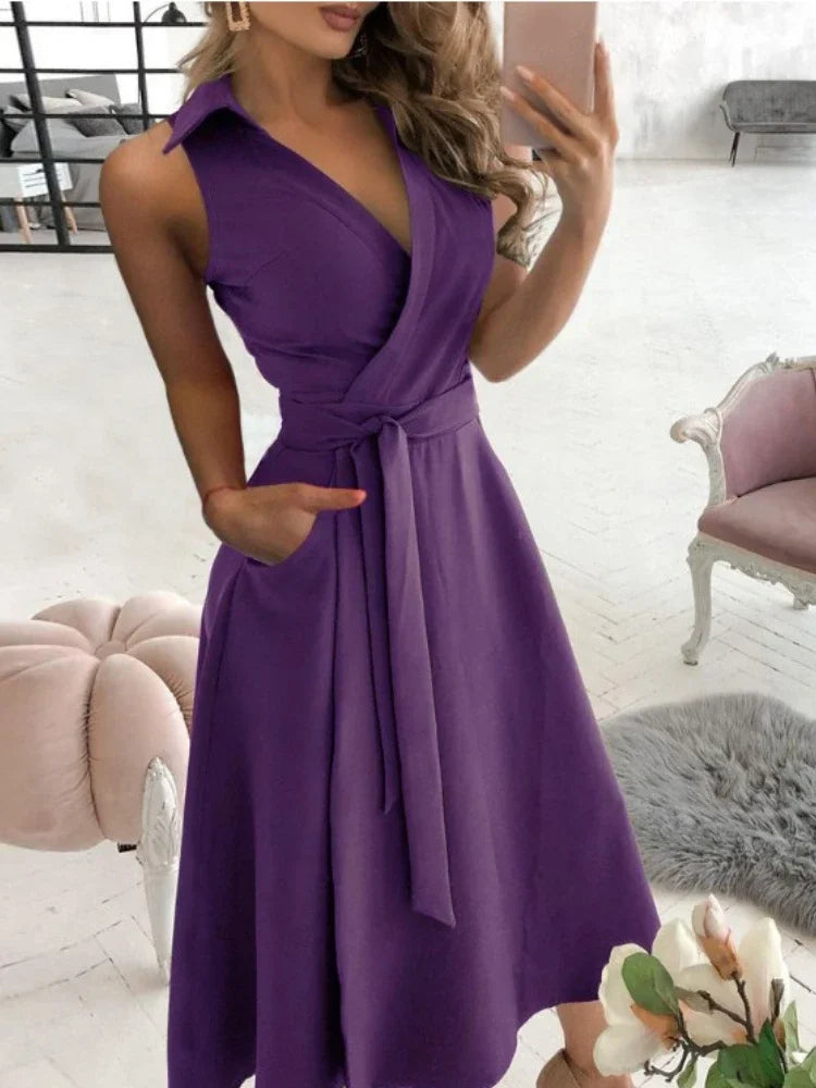 Elegant Chic Shirt Dress Summer New Fashion Sleeveless Sexy Dress V-neck Buttock Dress for Women Office Ladies Party Sundress PURPLE