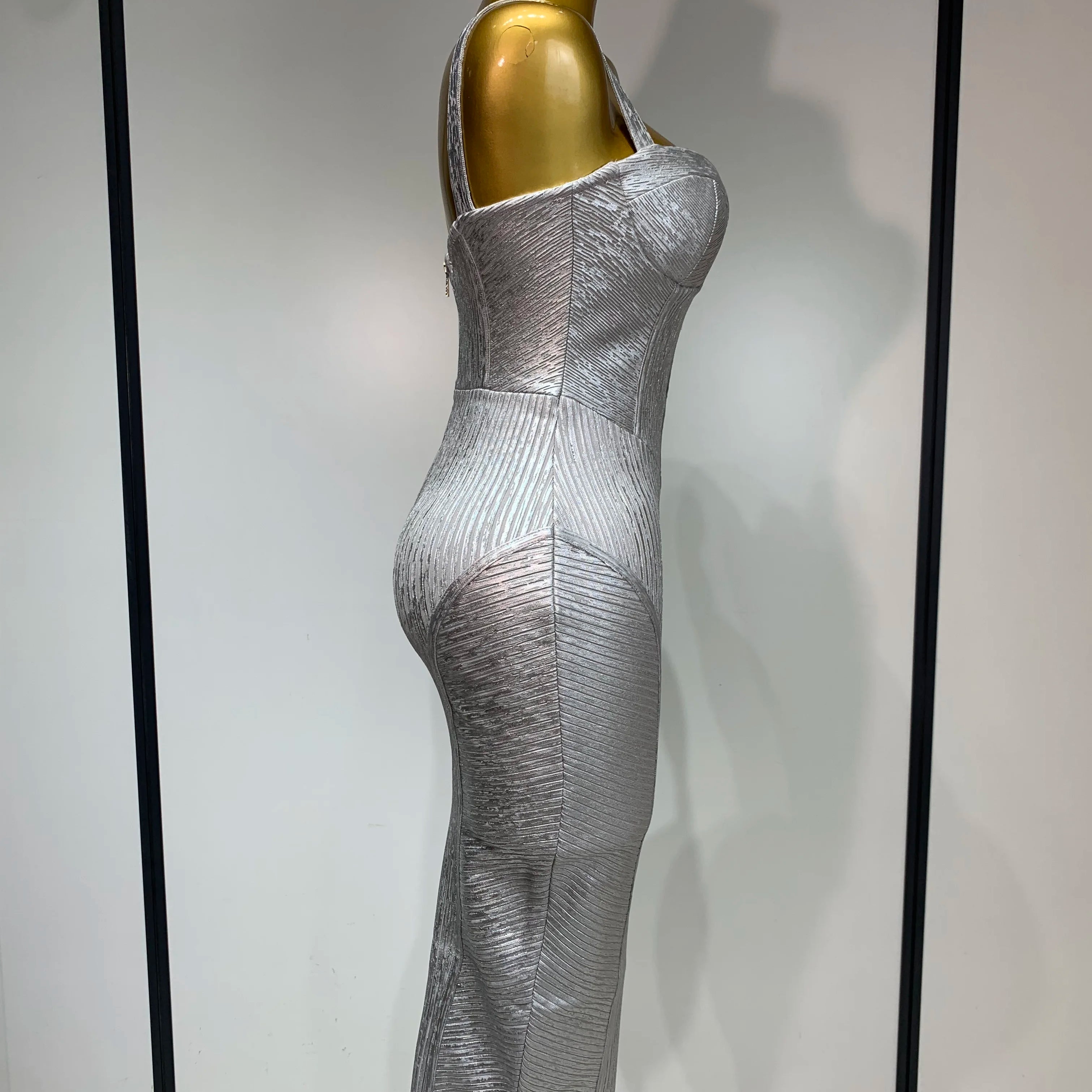 Women Sleeveless Sexy Silver V Neck Bodycon Midi Bandage Dress Celebrate Nightclub Party Birthday Dress Wedding Guest Dress