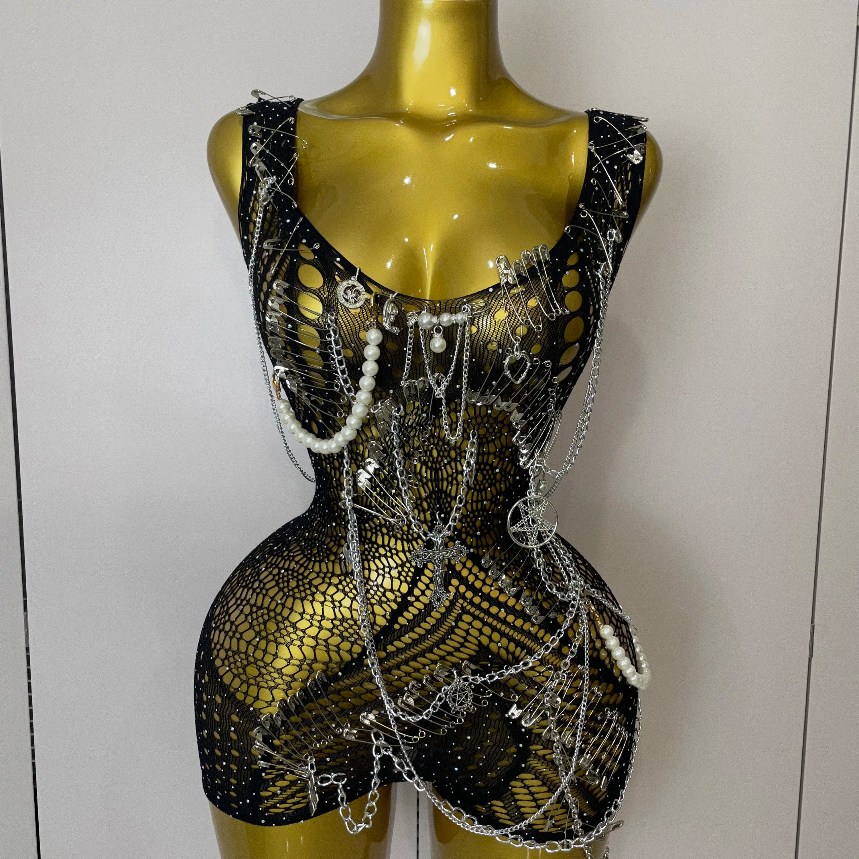 Women Sexy See-Through Bodysuit Black Pin Sheath Mini Dress Evening Birthday Party Nightclub Singer Dancer Performance Costume
