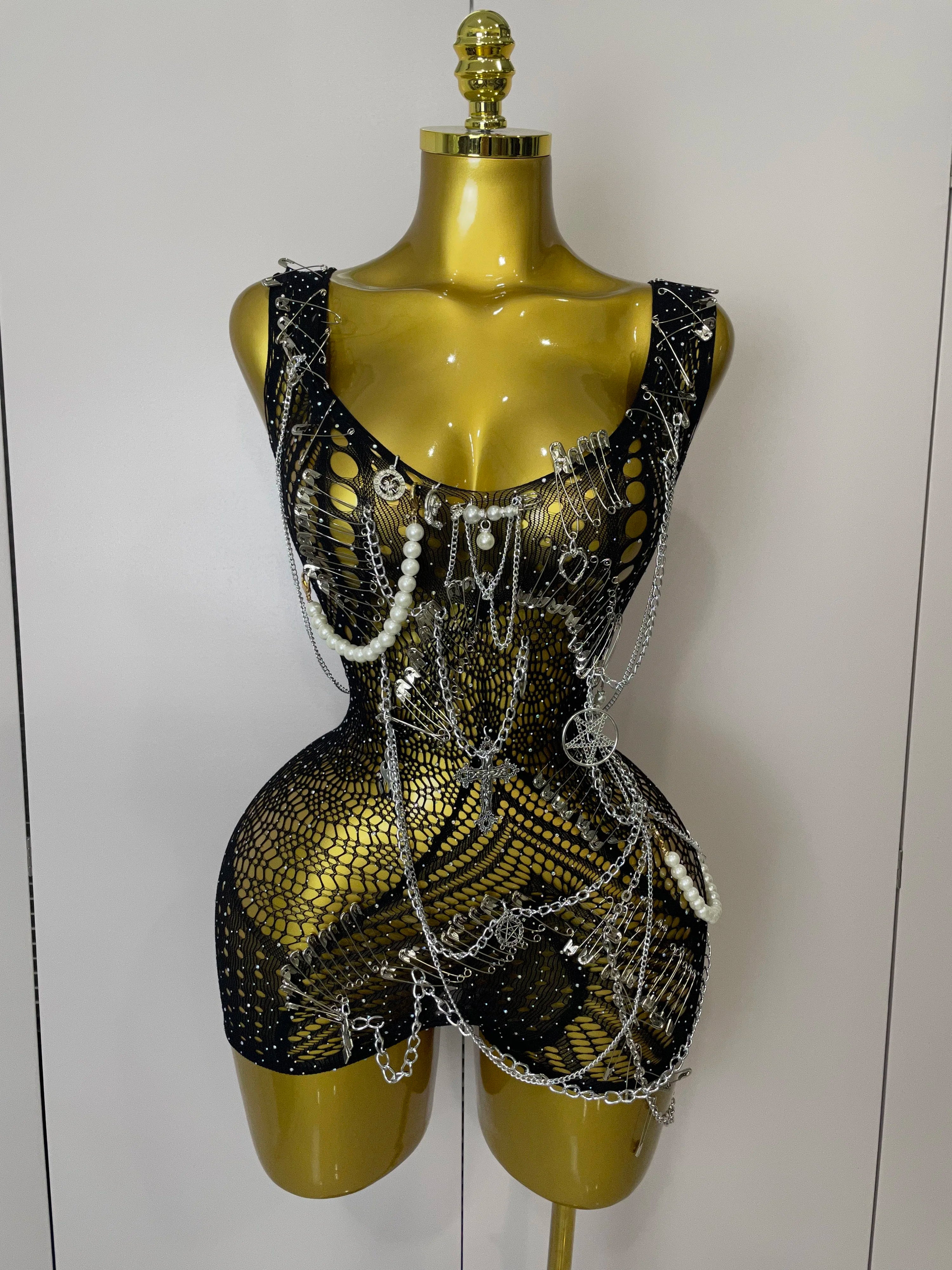 Women Sexy See-Through Bodysuit Black Pin Sheath Mini Dress Evening Birthday Party Nightclub Singer Dancer Performance Costume