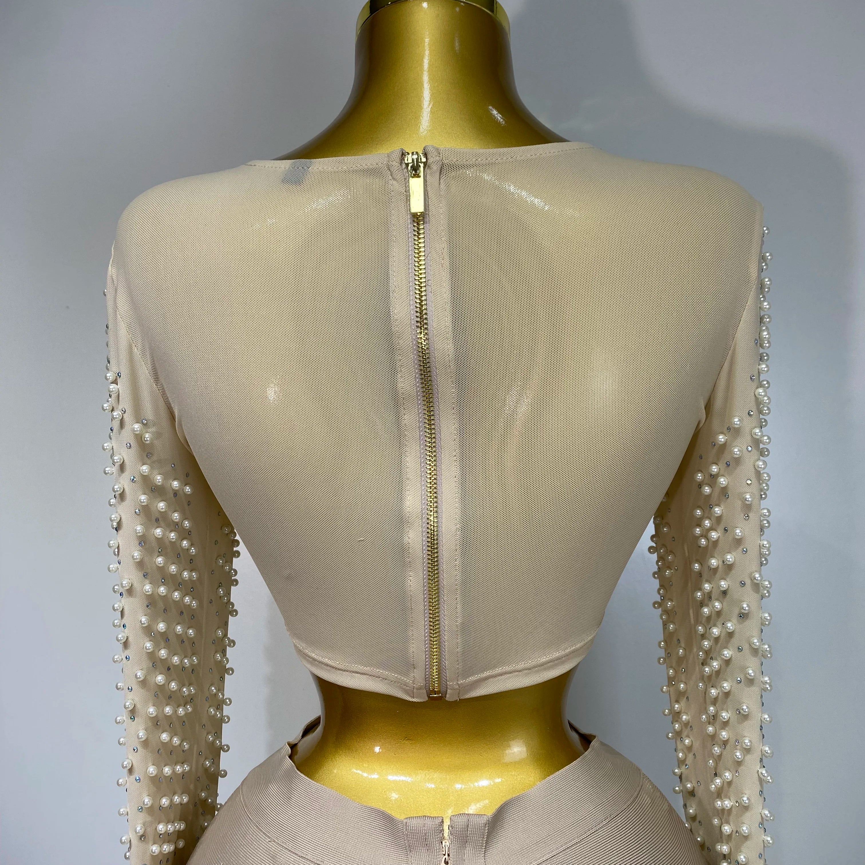 Women Sexy Long Sleeve Mesh Pearl Top Celebrity Midi Women Bandage Set 2025 Designer Evening Party Luxury Birthday Two Piece Set