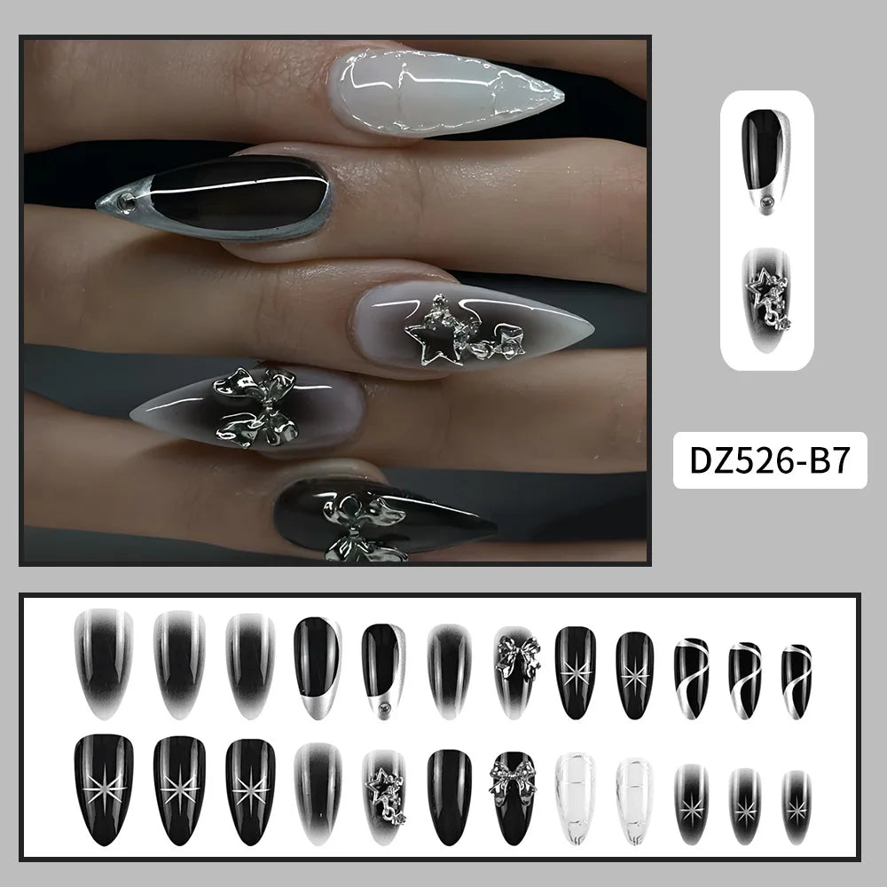 Black Cool Fake Nails Halloween Bat Press on Nails Almond Decorated Nail Tips Rivet Bow False Nails 24pcs Reusable Acrylic Nails