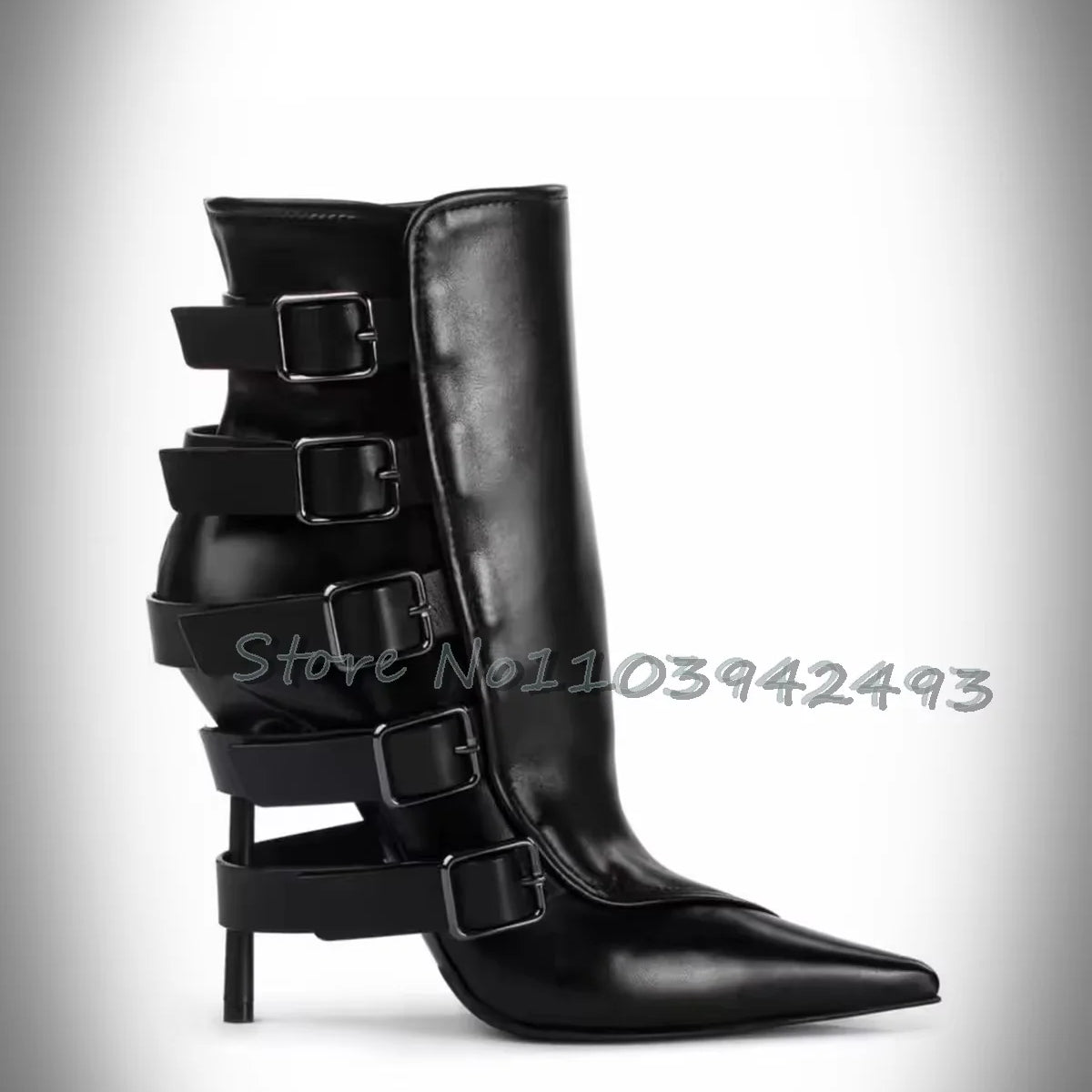 Stylish Brown Strappy Boots Pointed Toe High Heels Mid-calf Chunky Heel Fashion Women's Shoes Black Chic Buckle Outer 2025 New