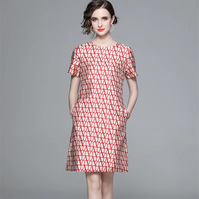 New Fashion Geometry Jacquard Short Sleeve Summer Dress Chic Elegant Temperament  A-line Round Neck Dress Women Vestidos