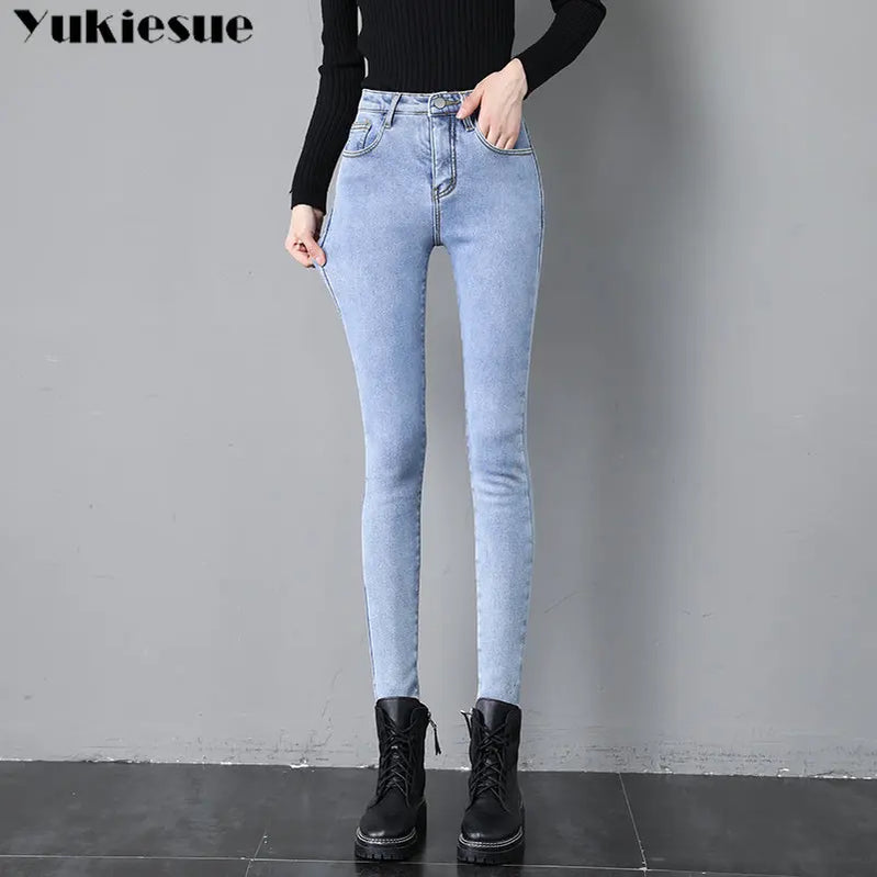 Winter Warm Slim Fit Pencil Pants Women Thicken Fleece Skinny Jeans Pants For Women leisure High Waist Elastic Denim Trousers