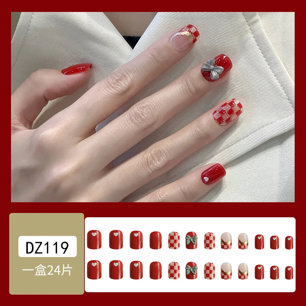 24Pcs Red Fake Nails with 3D White Flower Design Mid Length Coffin Press on Nails Wearable Korean Sweet Flower False Nails