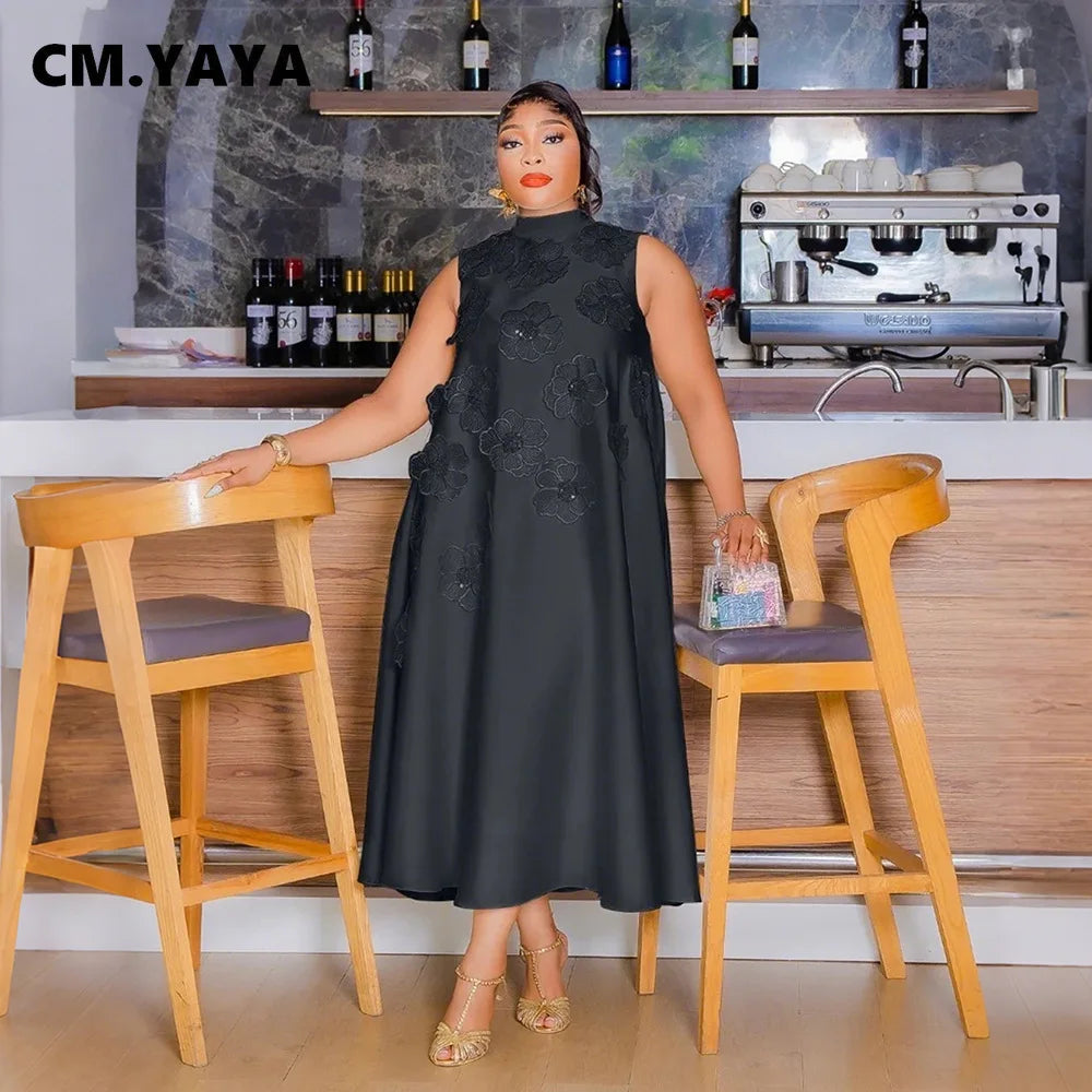 CM.YAYA Elegant Women Sleeveless Loose 3D Flower O-neck Dress 2025 Summer Bodycon African Street Midi Maxi Long Dresses Vestidos