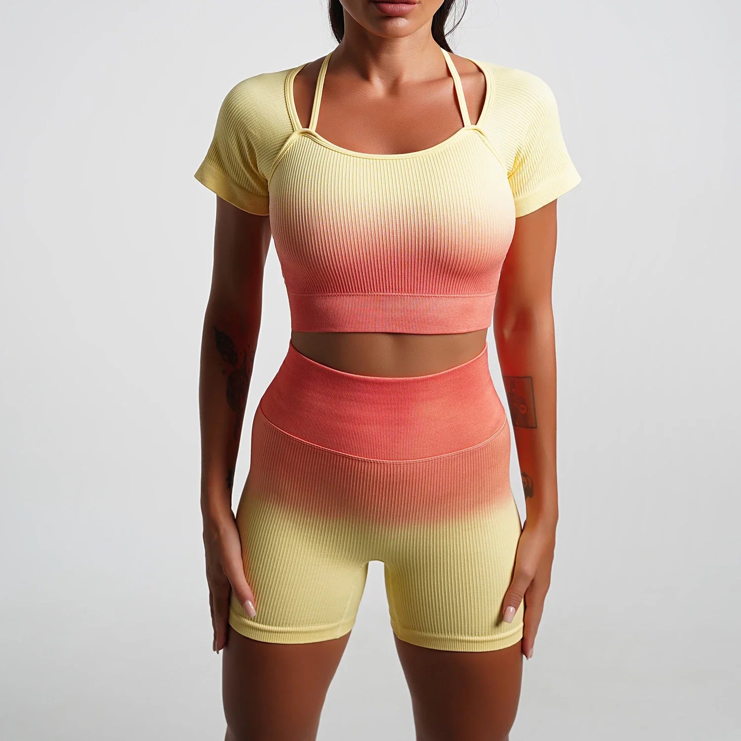 Seamless Gradient Yoga Sets Sports Fitness High Waist Hip-Lifting Pants Long-Sleeved Suits Workout Gym Leggings Sets for Women Orange C