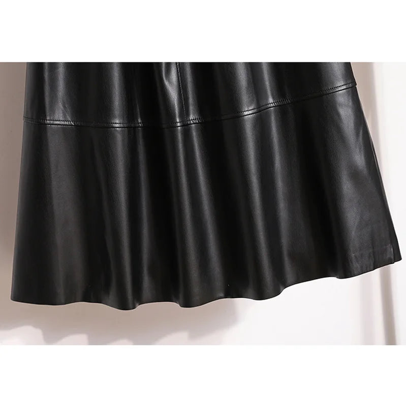 Large Size 4XL Black Long Vintage Faux Leather Skirt Women Autumn Winter Fashion A-Line Skirt Female Elegant PU Skirt