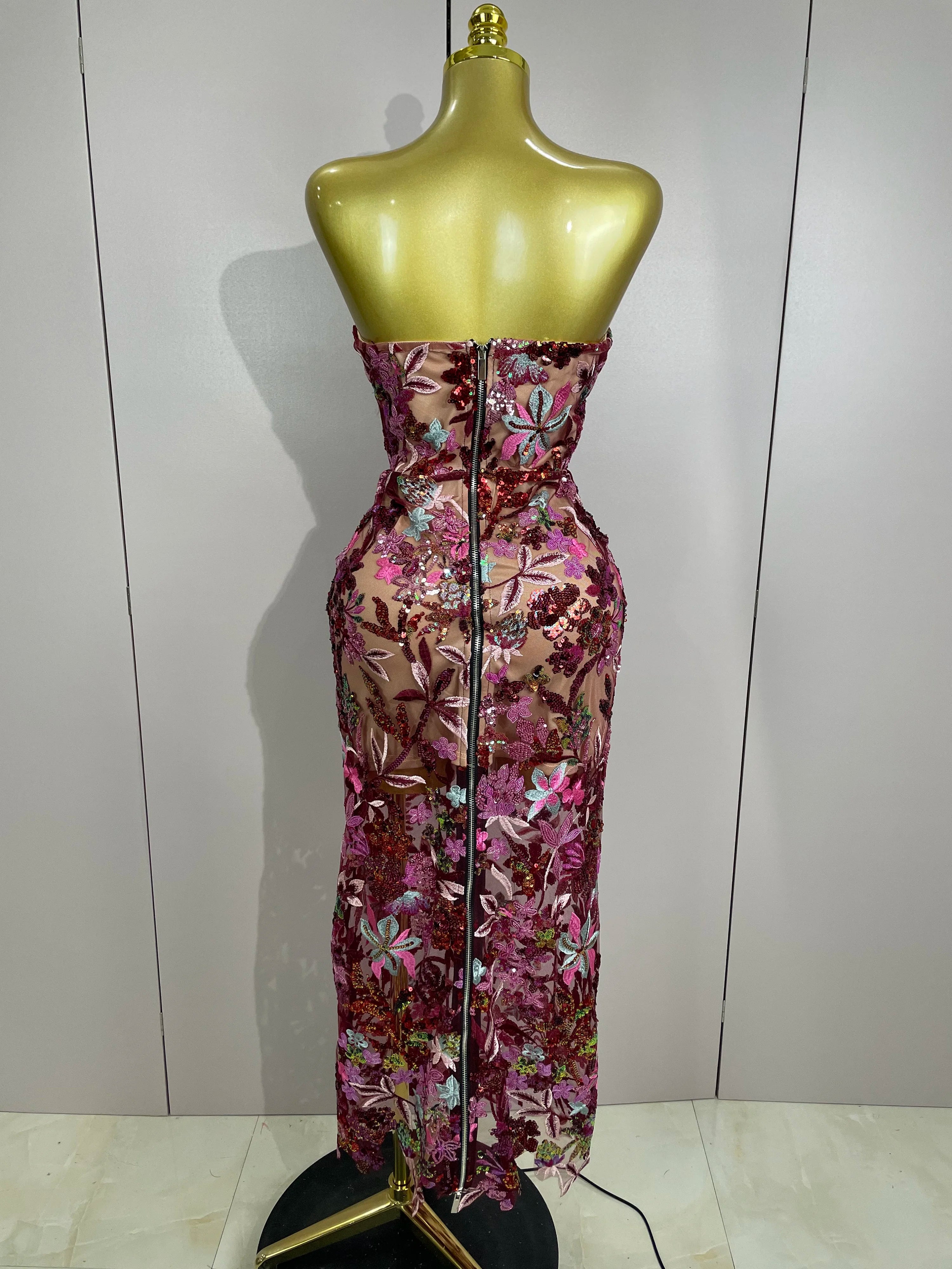 Sexy Strapless Floral Sequin Long Dress 2025 New Women Sequins Flower Backless Long Slim Dress Evening Party Runway Gown Dress