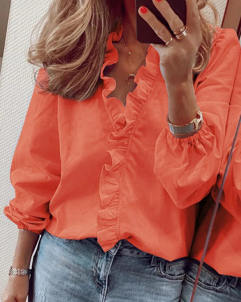 European and American long sleeved ruffled shirt for women's shirts in spring and summer CORAL RED