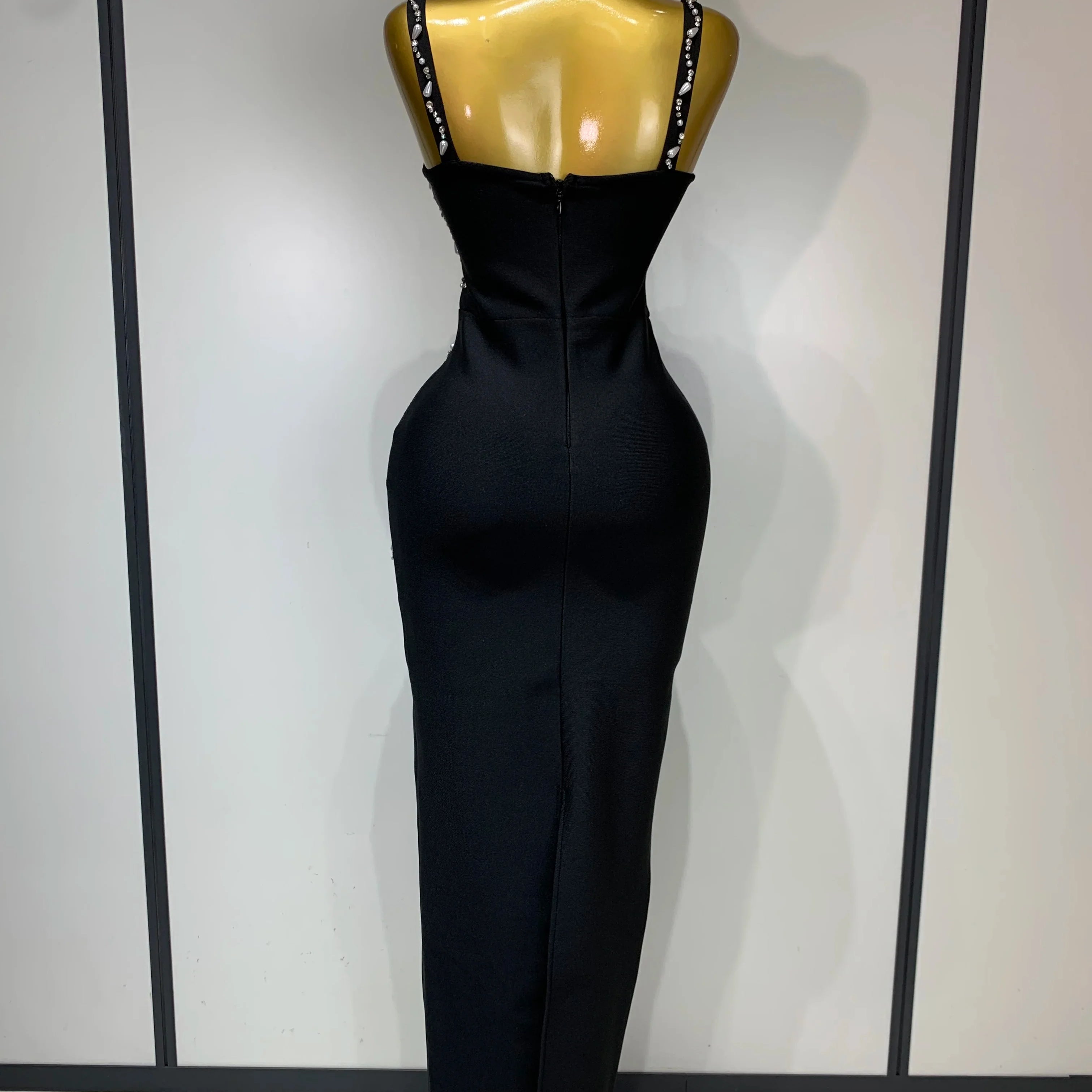 Women Sexy V Neck Black Beading Maxi Long Bodycon Bandage Dress  Celebrity Elegant Evening Club Party Luxury Birthday Dress