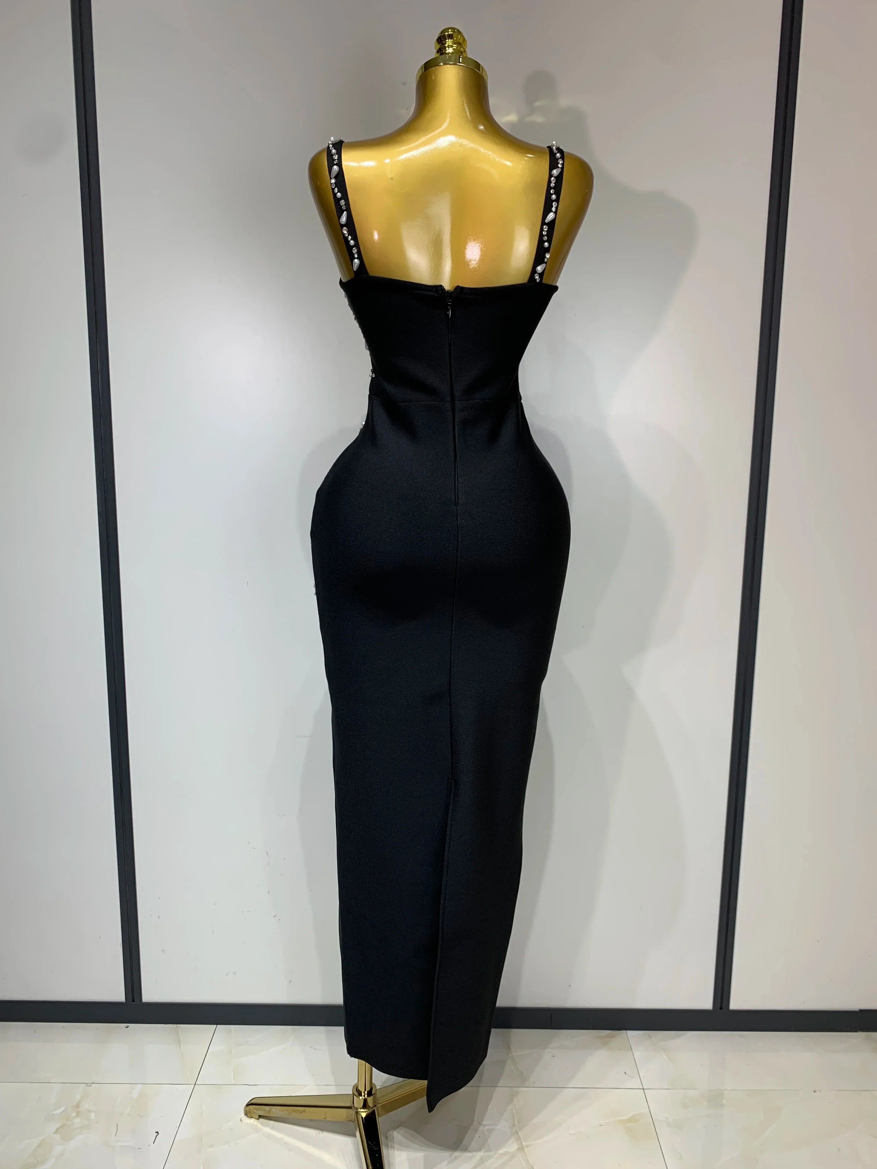 Women Sexy V Neck Black Beading Maxi Long Bodycon Bandage Dress  Celebrity Elegant Evening Club Party Luxury Birthday Dress