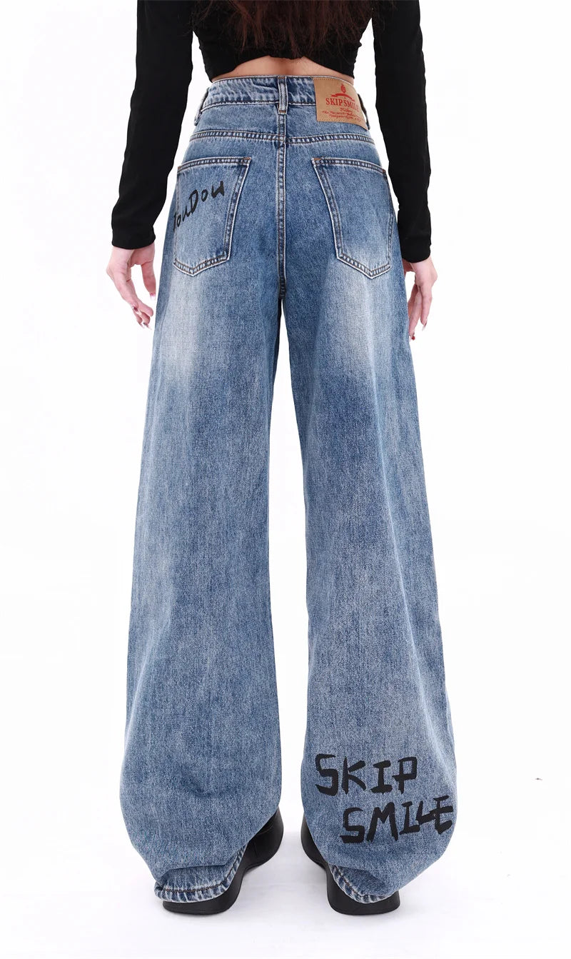 Autumn Winter New Baggy Jeans Woman American High Street Straight Tube Women's Jeans Cartoon Print Women Pants High Waist