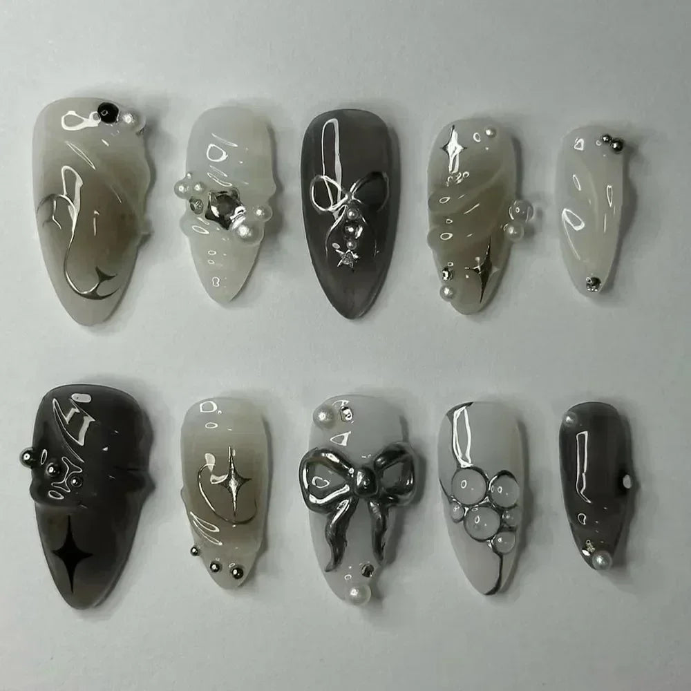 24pcs Short Almond Press on Nails 3D Flower Butterfly Fake Nails with Glue Colorful Natural Acrylic False Nails Full Cover Nails