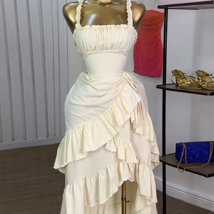 CM.YAYA Women Strap Slash Neck Cascading Ruffles Drawstring Ruched Up Long Maxi Dress 2025 Birthday Evening Sexy Dresses Vestido