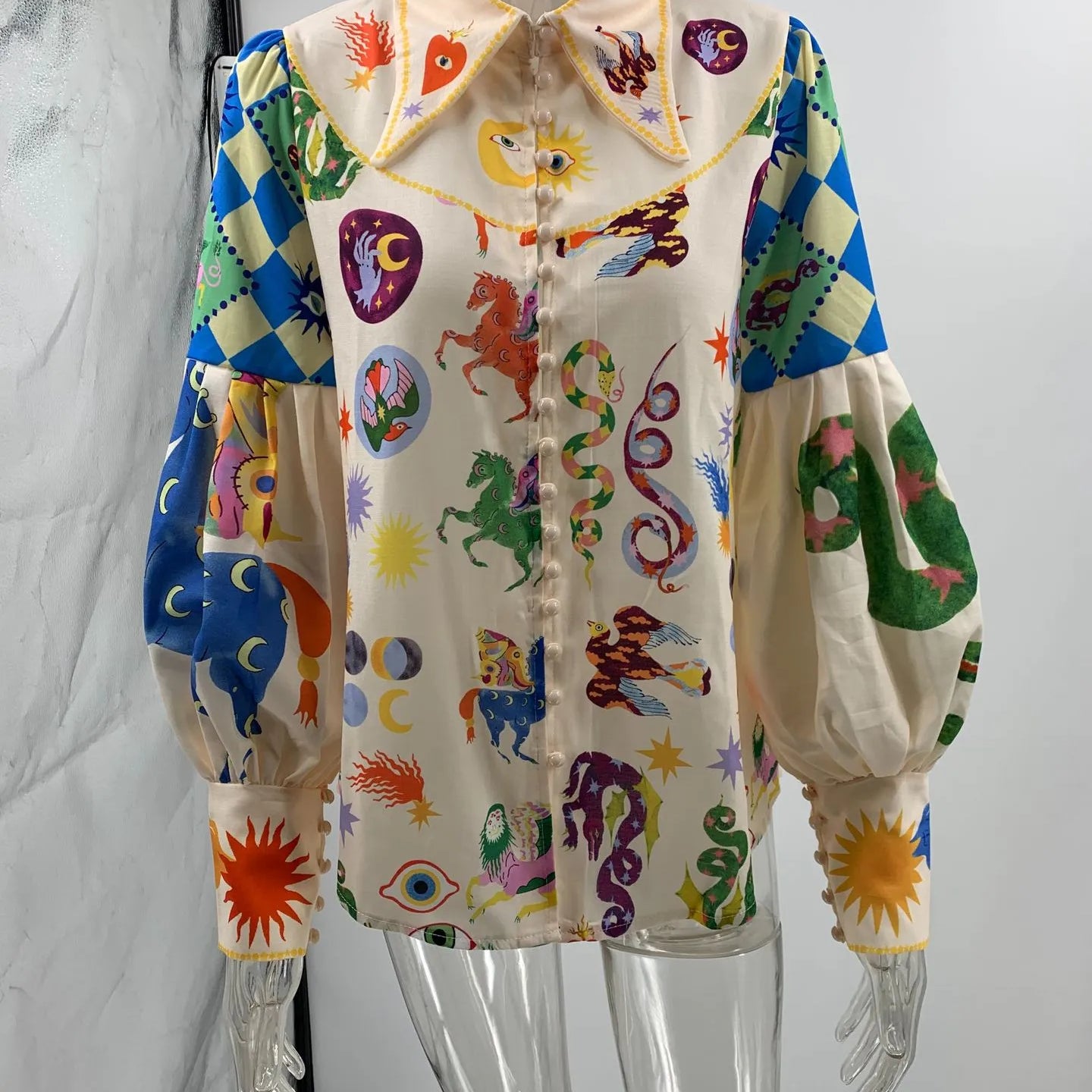 Women's Print Shirt Turn-down Collar Single Breasted Puff Long Sleeve Shirts Autumn Chic Office Lady Blusa Feminina Tops