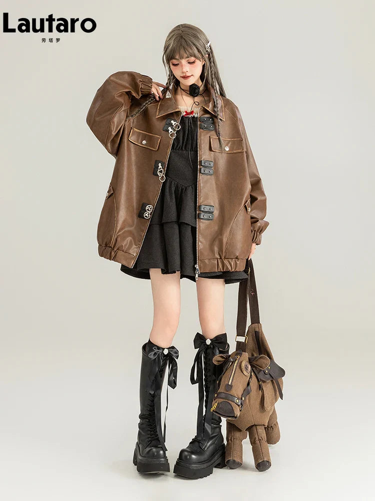 Spring Vintage Oversized Distressed Brown Pu Leather Jacket Women Long Sleeve Luxury Designer Maillard Style Clothing