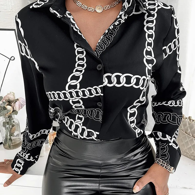 Women's shirt, women's top, spring and autumn long sleeved women's button digital printed shirt